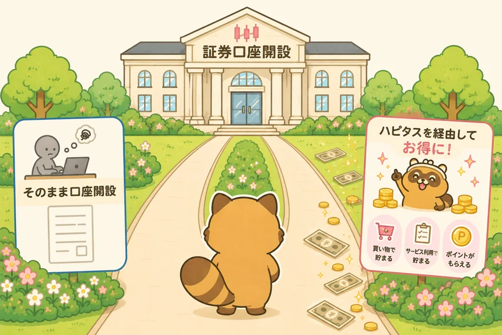 同じ証券口座の開設でも、ハピタスを経由するとポイントがもらえることを表したイラスト